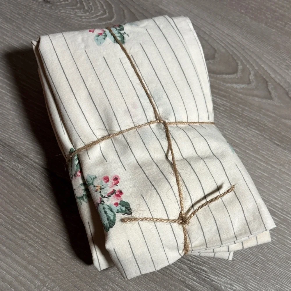 Vintage Floral Stripe Pillowcase Set of 2 Cottagecore Shabby Chic Cream Pink